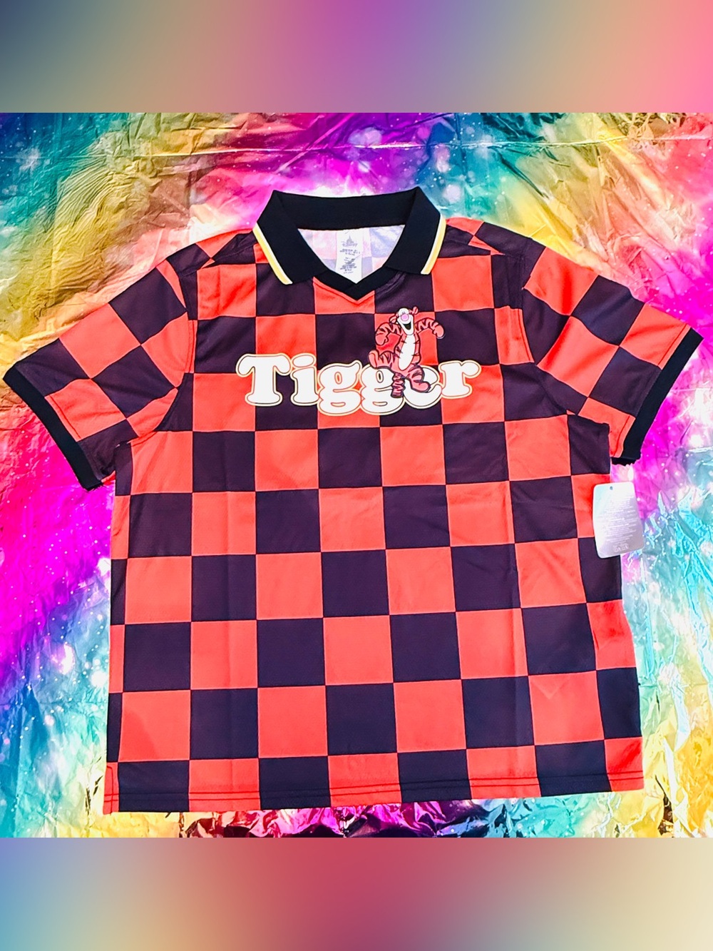NWT!!! Disney Parks Tigger 68 Soccer Jersey Adult Lg Orange Black Checkered